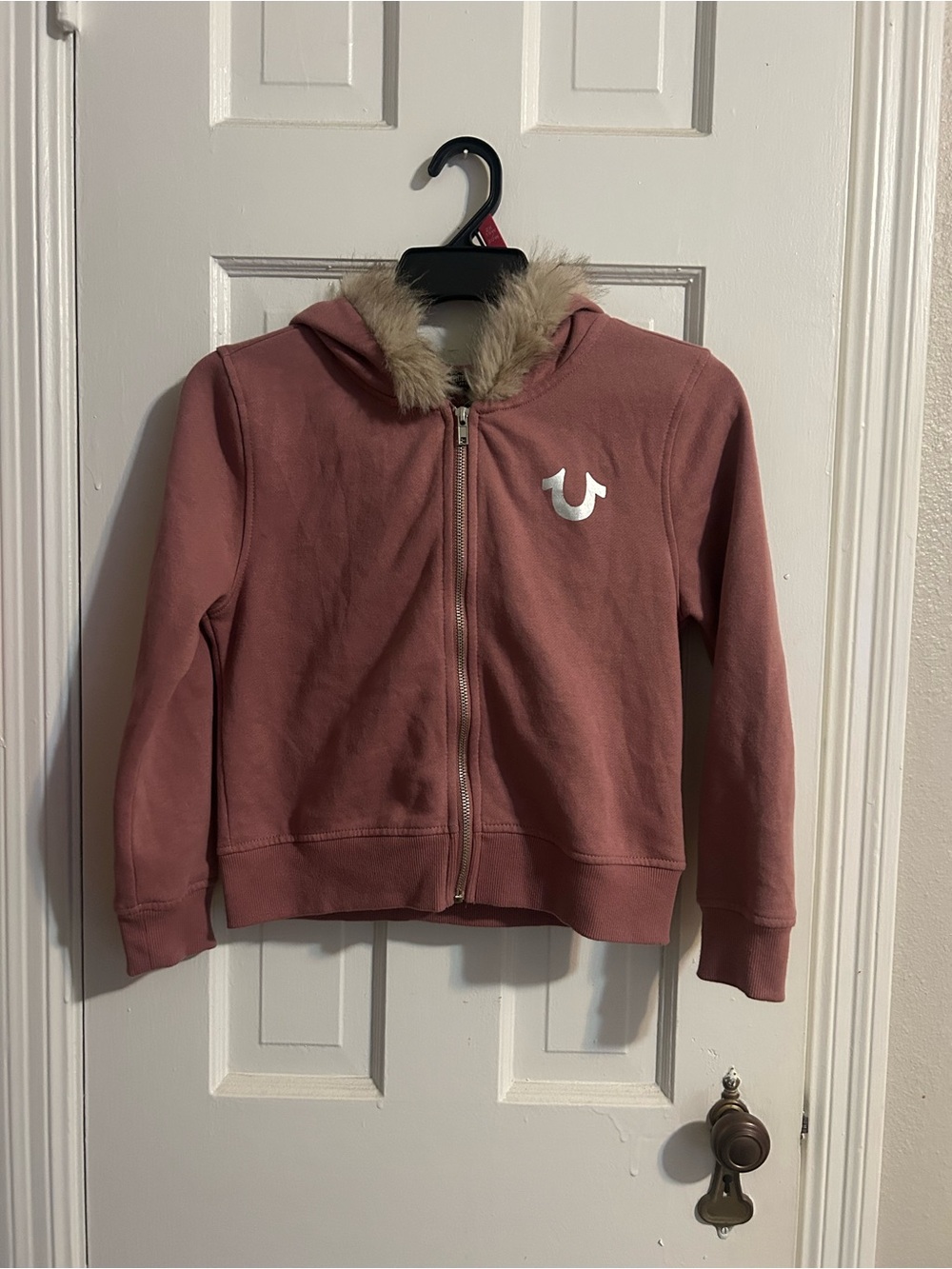 True Religion Girls' Dusty Rose Zip Hoodie with Faux Fur Trim